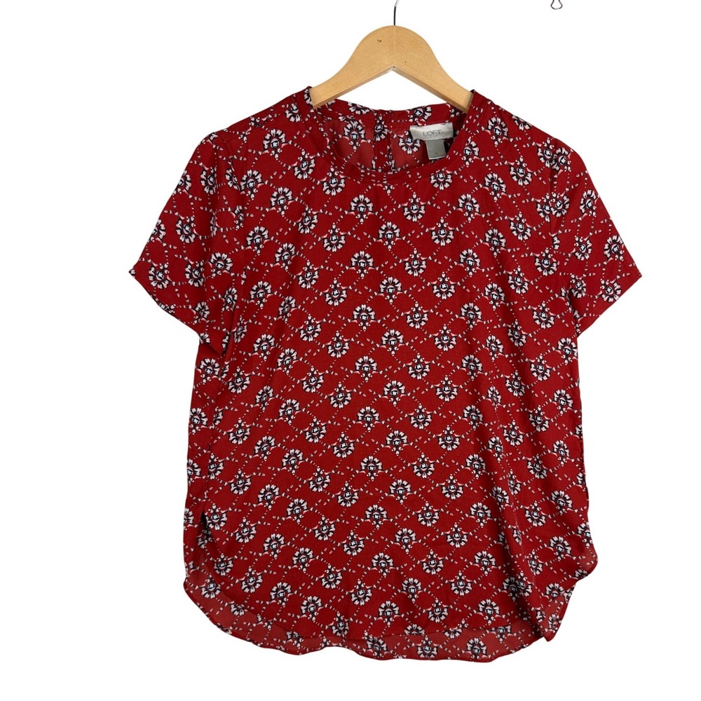 Loft Floral Print Short Sleeve Blouse size Small Orange/ Black